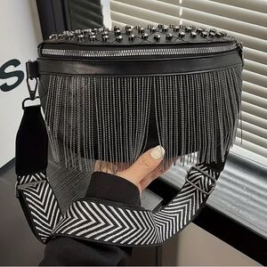 Black with Silver Studded & Fringe Women’s Crossbody Bag Striped Strap NWT